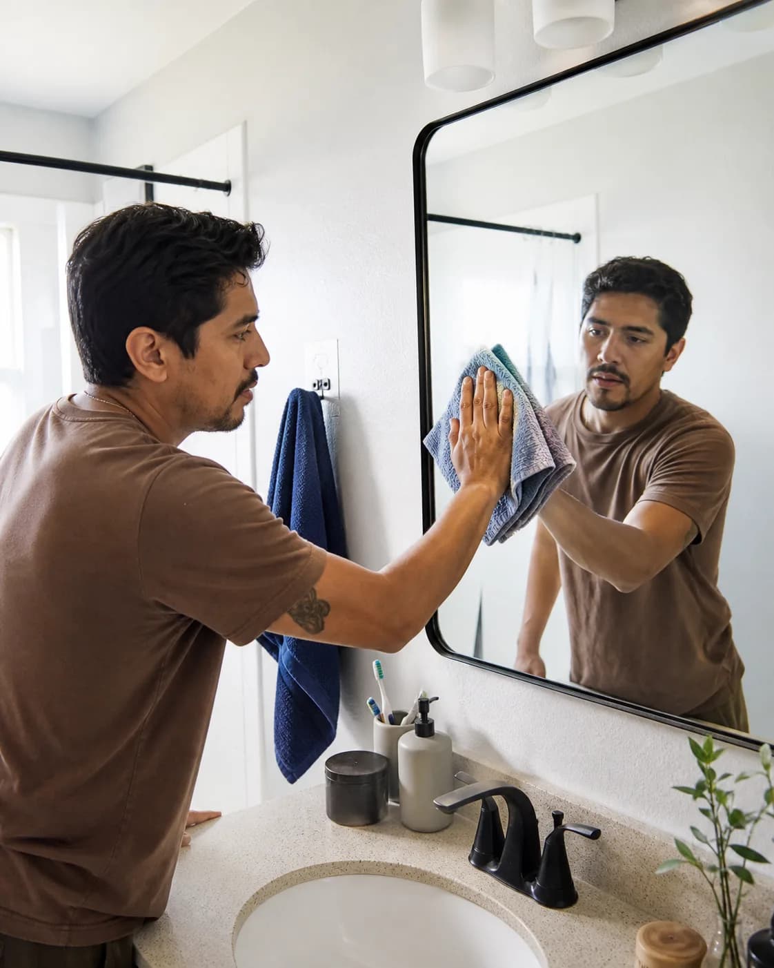 A person cleaning an apartment bathroom mirror