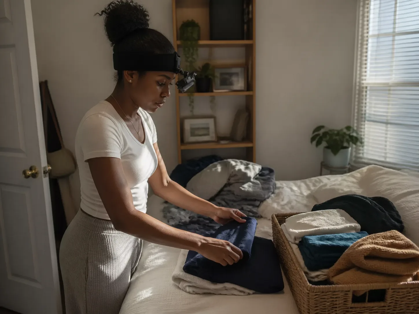 A person folding laundry at home