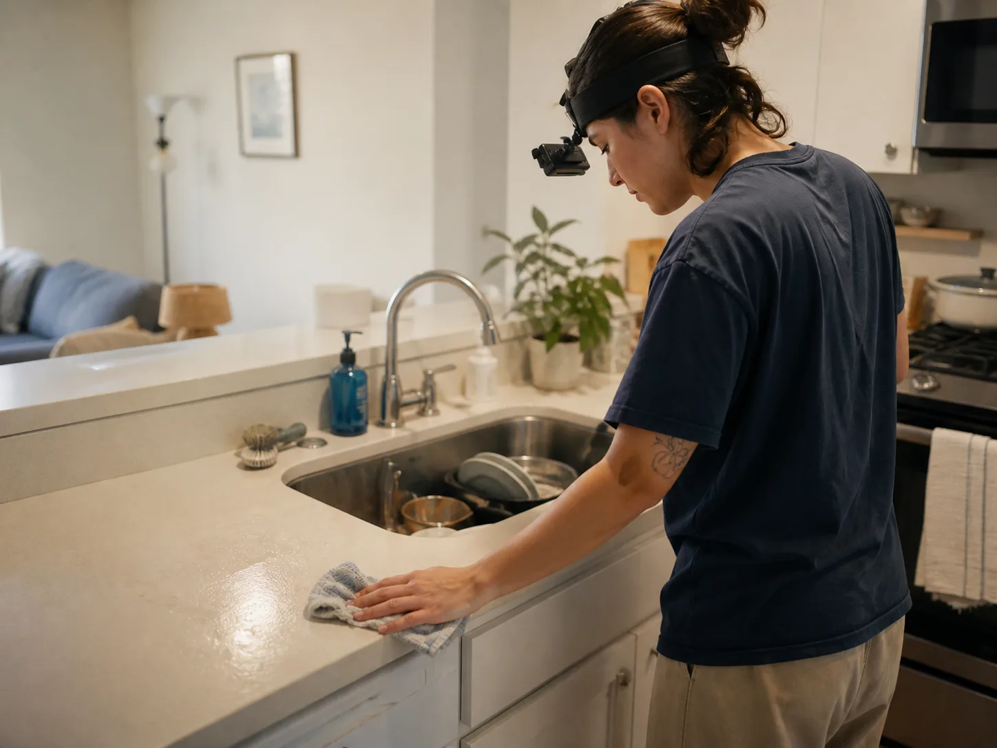 A person wiping down a kitchen counter while wearing a small recording rig