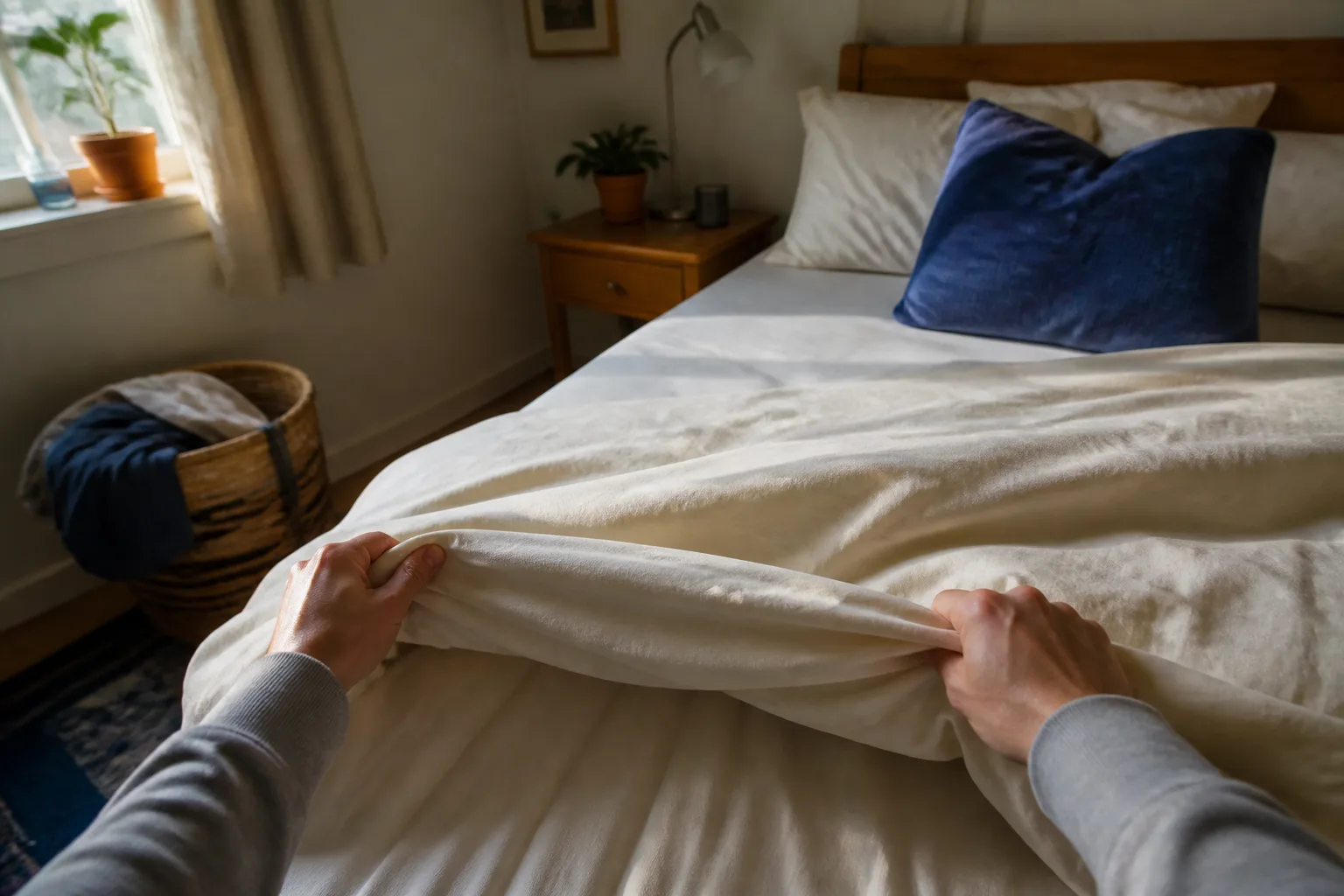 First-person view of making a bed