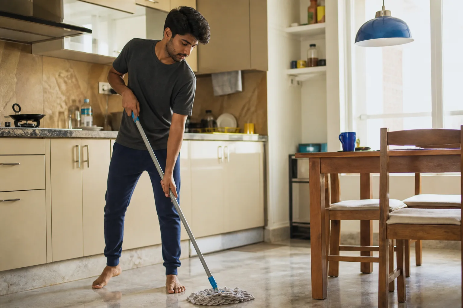 A person mopping a kitchen floor at home